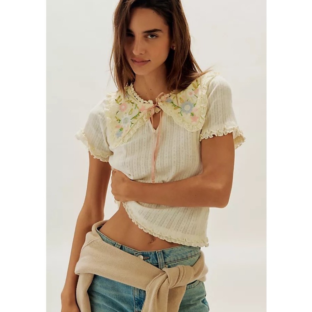 Cottagecore Free People Embroidered Peter Pan Collar Pointelle Knit Ivory S NWT
